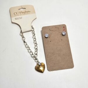 NWT CC Hughes Bracelet Toggle Heart and Crystal Charms Cubic Zirconia  Earrings